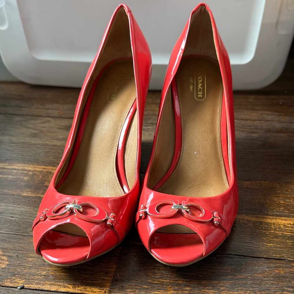 Coach Red Patent Leather Peep-Toe Heels with Signature Hardware